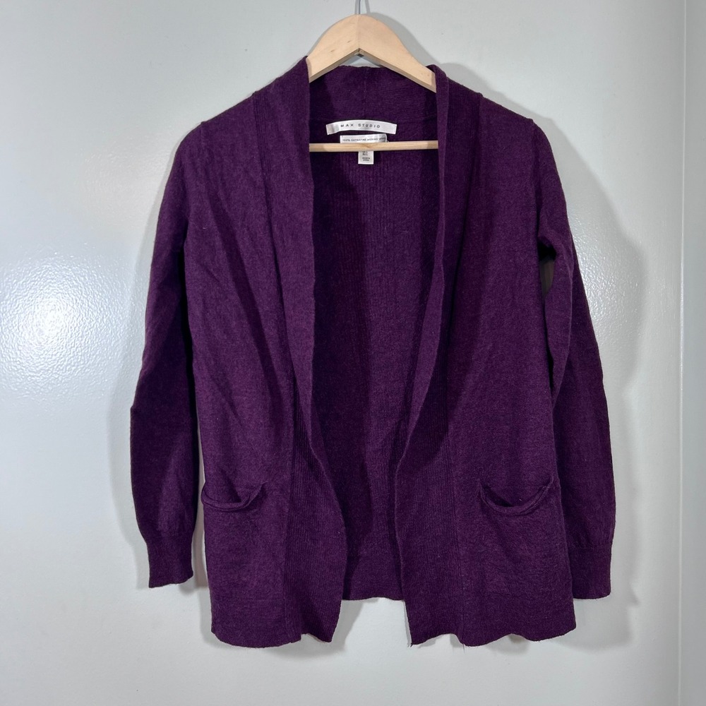 Max Studio Purple Extrafine Merino Wool Open Front Cardigan Sweater Large